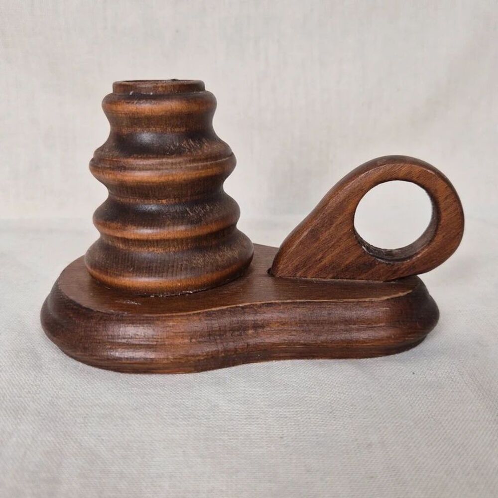 Vintage Turned Wood Chamberstick Candle Holder Teardrop Base Finger Loop Handle
